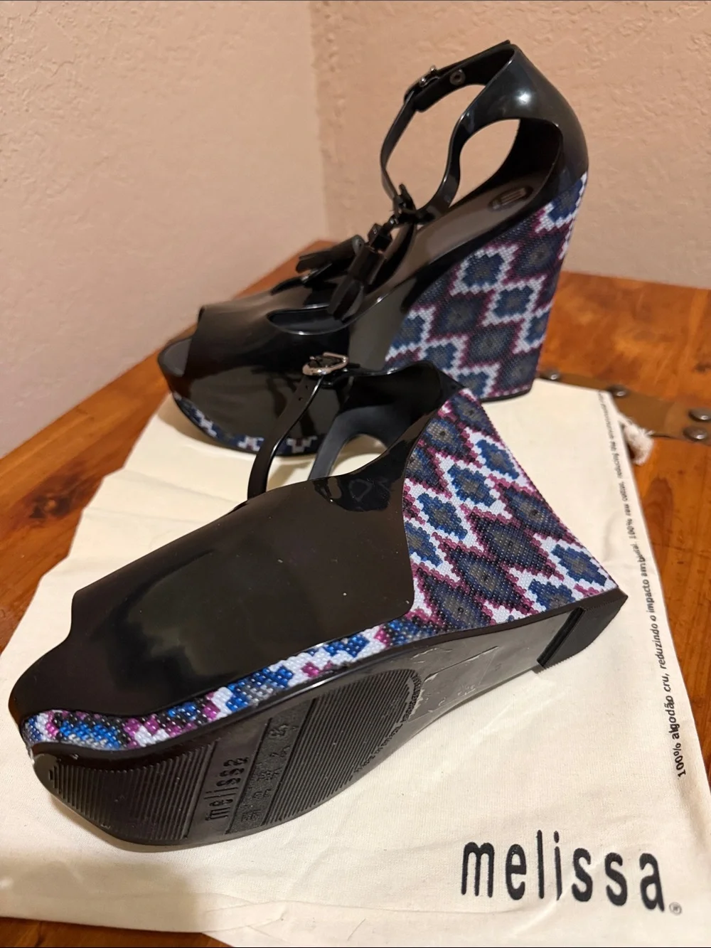 Melissa Black Patent Wedge Sandals with Multicolor Geometric Heel
